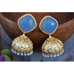 Sky Blue Chalcedony Semi-precious 18K Gold Plated Jhumka Earrings 